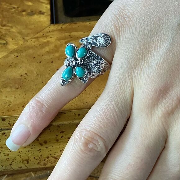 Sierra Nevada Turquoise Sterling Silver Butterfly Sunflower Ring Size 5 - Picture 4 of 9